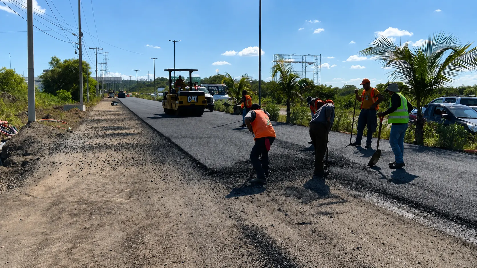Cuadrilla de PROCODESA tendiendo carpeta asfáltica